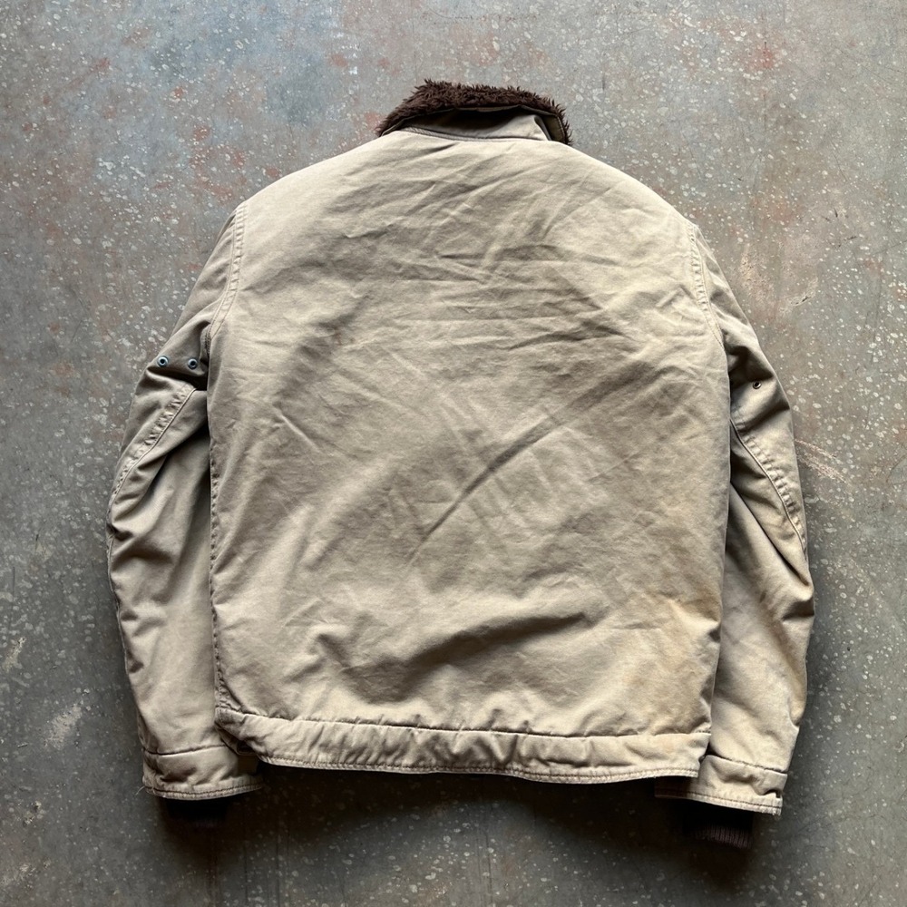 VTG 90s Abercrombie Fitch Mens XL Tan Sherpa Lined Bomber Deck Jacket Distressed - Picture 4 of 10